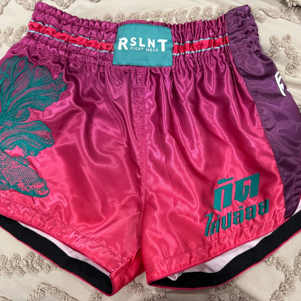 RSLNT Women's Satin Muay Thai Shorts in Magenta with Teal